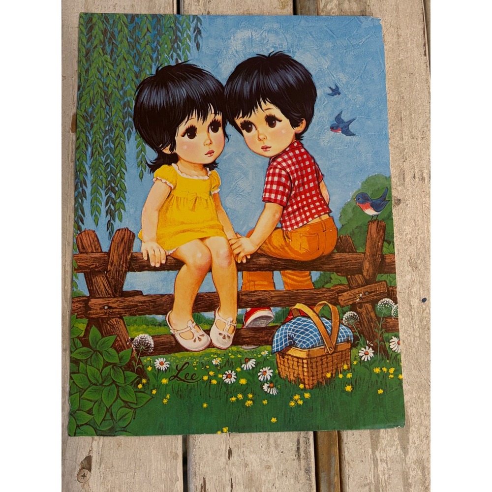 Vintage Lee Big Eye Art Print Boy Girl Picnic Fence Lithograph Mid Century